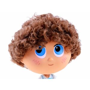 Kaibibi Baby Tanító Baba face close-up, learning doll with brown curly hair and blue eyes - Nonbrand Baba