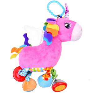 Pink unicorn baby rattle with wings, bells, and crinkle sounds, perfect for stroller or crib - Rattle