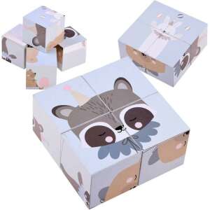 Wooden animal puzzle blocks, 4 pieces, featuring a raccoon, bear, bunny, and other animals, perfect for toddlers and preschoolers - Baby Puzzle