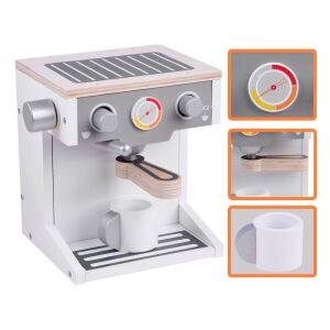 Fa Wooden Toy Coffee Maker with Cup and Details Collage - Toy kitchen tool