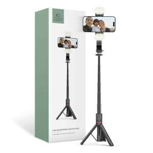 Tech-Protect L05s Bluetooth Selfie Stick Tripod & Led Light, schwarz, mit Telefonhalter und LED-Leuchten, ausgefahren, auf weißem Hintergrund - Tech-Protect Handyhüllen