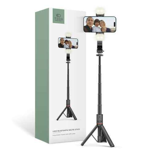 Tech-Protect L05s Bluetooth Selfie Stick Tripod & Led Light, negru, cu suport pentru telefon și lumini LED, extins, pe fundal alb