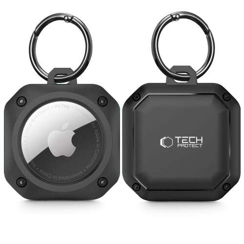Tech-Protect Rough Pro Apple AirTag Hülle, schwarz, Vorder- und Rückseite, mit Karabiner