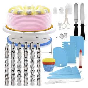 Sada na zdobenie tort s cukrárskymi špičkami, špachtľami, otočným podstavcom na tortu, formami na muffiny a inými nástrojmi - Pomôcky na dekoráciu koláčov