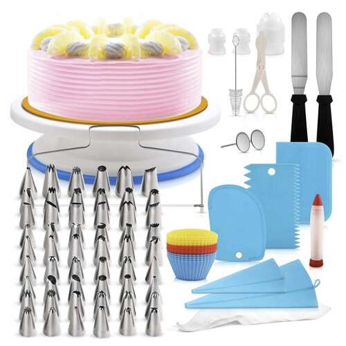 Sada na zdobenie tort s cukrárskymi špičkami, špachtľami, otočným podstavcom na tortu, formami na muffiny a inými nástrojmi