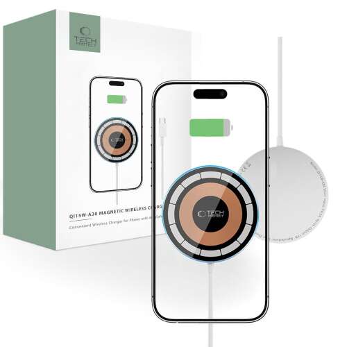 Tech-Protect QI15W-A30 Mágneses Magsafe Vezeték nélküli Töltési Pad Ezüst, 15W gyors töltés, MagSafe kompatibilis, USB-C kábellel