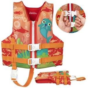 Bestway Puddle Jumper Child Hydro Swim Vest, Mors design, for kids up to 23 kg, red, orange, green, blue, white, with walrus, fish, and anchor graphics - Swim Vest