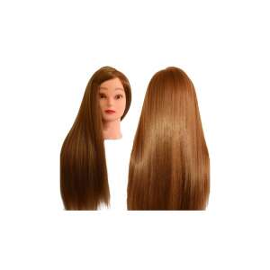 Elülső és oldalsó nézet a fodrász gyakorló babafejről hosszú barna hajjal - Fodrász babafej