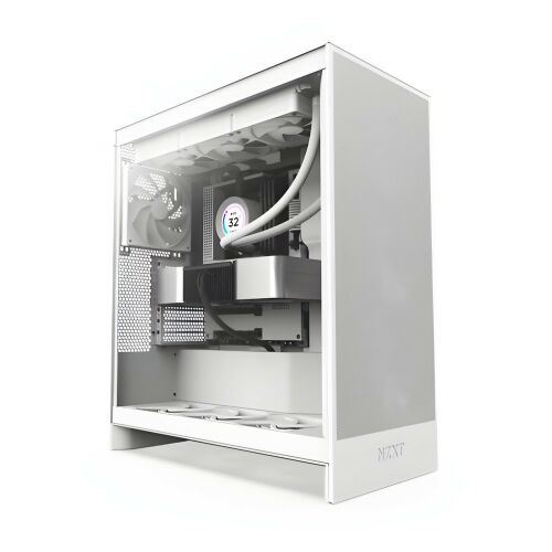 NZXT H7 Flow Бяла Midi-Tower PC Кутия със страничен панел от закалено стъкло, показваща вътрешните компоненти и охладителната система