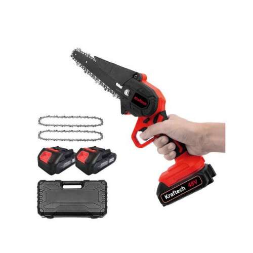 Kraftech Mini Láncfűrész 2 db akkuval és 2 db lánccal, 48V akkumulátoros láncfűrész ágak metszéséhez és vágásához