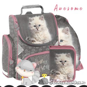 Paso Cicás Awesome ergonomikus iskolatáska szett lányoknak macska mintával, hátizsákkal, tolltartóval és tornazsákkal - Paso