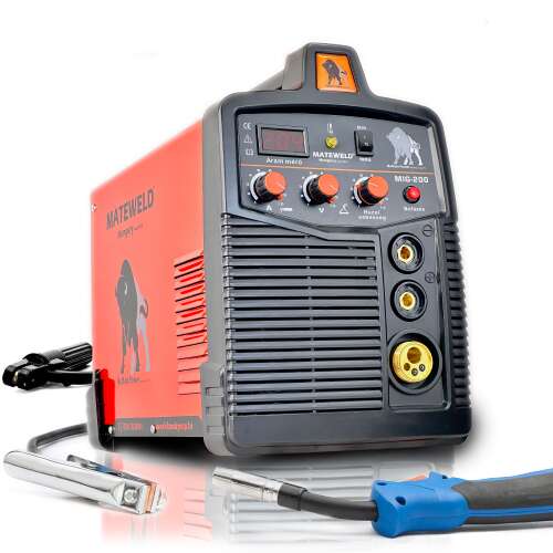 MATEWELD Hungary Buffalo Power™ MIG-200 Inverteres Hegesztőgép, piros és fekete, kábelekkel és pisztollyal