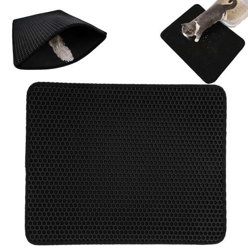 Black cat litter mat with cat litter spilling out, collage of images