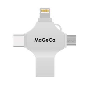 MaGeCa 128GB 4 az 1-ben fém Memory Stick, USB 3.0, USB Type-C, Lightning, Micro-USB, iPhone, Android, ezüst - Pendrive