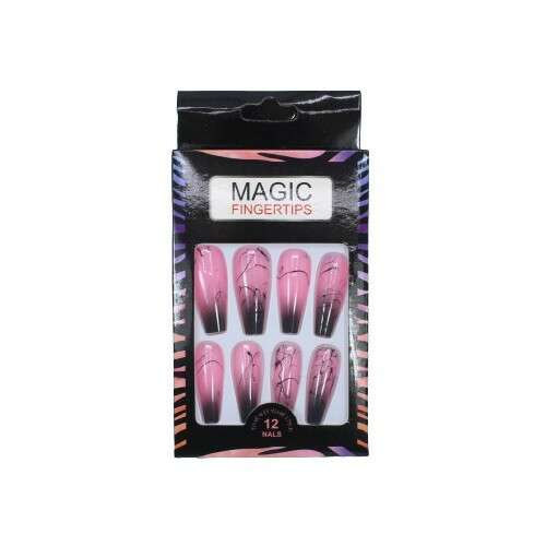Set de 12 unghii false Magic Fingertips, ombre roz cu design negru