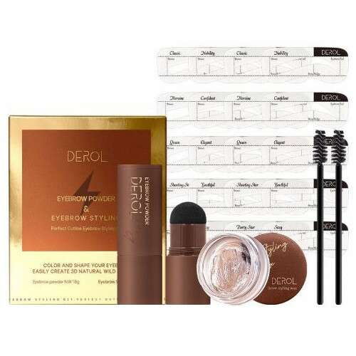 Derol Eyebrow Powder & Eyebrow Styling Kit, 02 Dark Gray, eyebrow powder, eyebrow styling wax, eyebrow stencils, eyebrow brushes, perfect eyebrow outline, 3D natural wild eyebrows