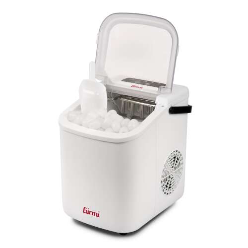 Girmi GH74 ice maker with lid open, showing ice cubes inside