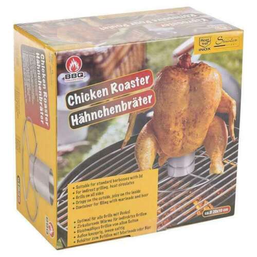 Rozsdamentes acél BBQ csirkesütő, egész csirke grillezéséhez, 20x10cm