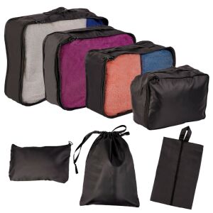 Black 7-piece luggage organizer set for travel, including clothing cubes, shoe bag, and cosmetic bag. - Luggage Accessory