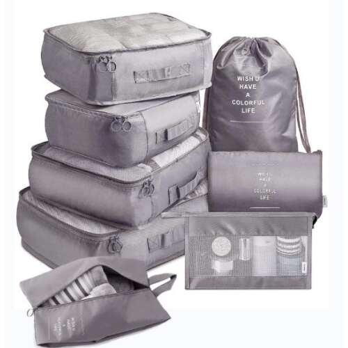 Szürke utazási szervező készlet 7 darabból, cipőtaska, kozmetikai táska és ruhaszervezők, tökéletes a poggyász rendben tartásához
