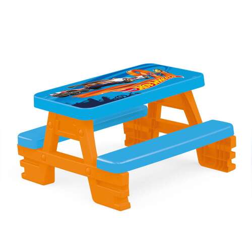 Hot Wheels picnic table for kids, blue and orange plastic table with benches, perfect for outdoor play