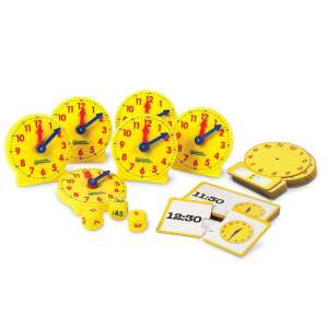 Learning Resources About Time! Small Group Activity Set, a set of 6 clocks, 6 clock cards, 24 puzzle pieces, 3 dice, and an activity guide - Learning Resources
