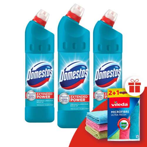 Domestos Extended Power fertőtlenítő hatású folyékony Tisztítószer Atlantic 3x750ml + Ajándék Vileda Törlőkendő 102902118