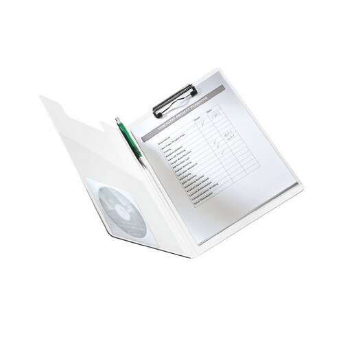 LEITZ A4 Wow Clipboard, offen, zeigt das Clipboard mit einem Stift und einem CD-Halter