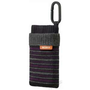 Sony LCS-CSZ fényképezőgép tok, fekete és lila csíkos kötött kialakítású, karabiner klippel - Fényképezőgép táska & tok