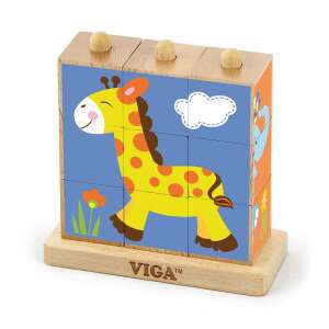 Viga Zoo Wooden Puzzle Blocks, 9 piece stacking puzzle with giraffe, elephant, and other animals - Toy