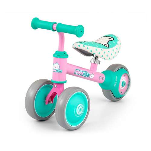 Milly Mally Micro Plus Cat balance bike for toddlers, pink and green, with cat design on the seat