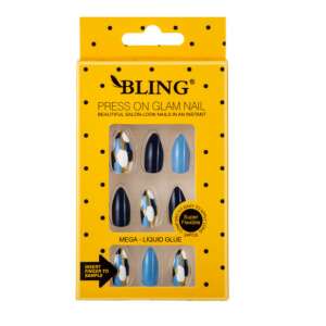 Bling Press On Glam Nail, unghii false cu model albastru și alb, 24 bucăți - Vârful unghiei