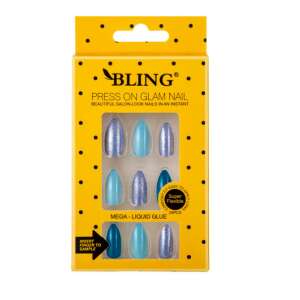 Bling Press On Glam Nail, blue and silver glitter fake nails, 24pcs, mega liquid glue - Nail design