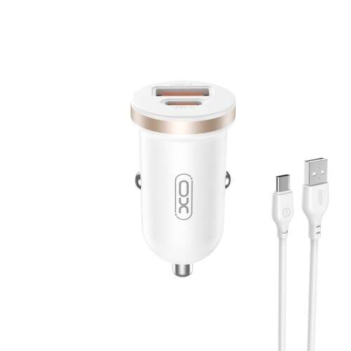 Încărcător auto XO CC56 cu porturi USB-C și USB-A, alb