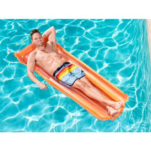 Man relaxing on a Bestway Beach Deluxe orange inflatable mattress in a pool