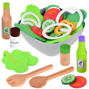 Wooden salad set for kids, includes bowl, lettuce, tomato, cucumber, onion, pepper, salt, pepper shaker, oil, vinegar, fork, spoon - Play food