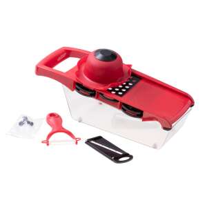 6 in 1 mandoline slicer with hand guard, peeler and attachable container, red - Handheld slicer