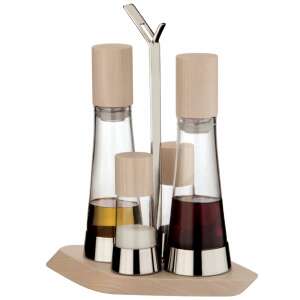 Casa Bugatti Trattoria oil and vinegar dispenser set with salt and pepper shakers, made of glass, stainless steel and ash wood - Spice Rack