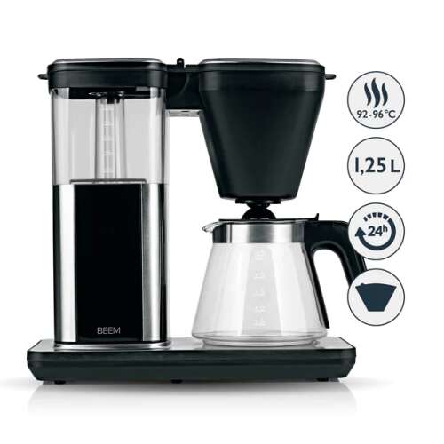 BEEM Direct-Brew automatic coffee maker, 1.25 liter capacity, black and silver, with glass carafe