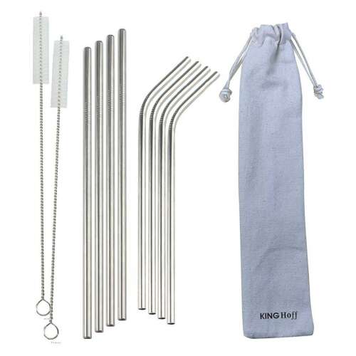 Kinghoff rozsdamentes acél ivószalma készlet 8 darabbal, tisztító kefékkel és hordtáskával