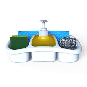 Dish soap dispenser and sponge holder, white plastic, 250ml capacity, with sponges and scrubber - Dish sponge