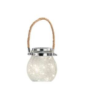 Solar powered glass globe lamp with rope handle, showing the light on - Outdoor Decorative Lamp