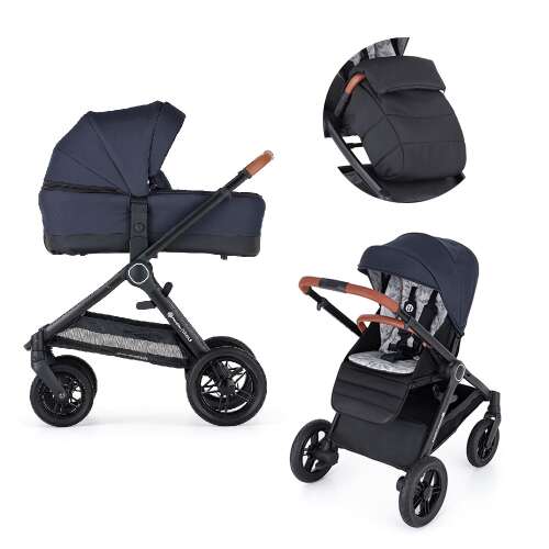 Petite & Mars Trails Anthracite Blue 2-in-1 stroller with bassinet and seat unit, showing both configurations