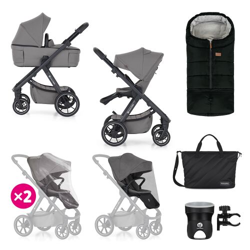 Petite & Mars ICON 2-in-1 Stroller with bassinet, seat, footmuff, diaper bag, cup holder, rain cover and mosquito net