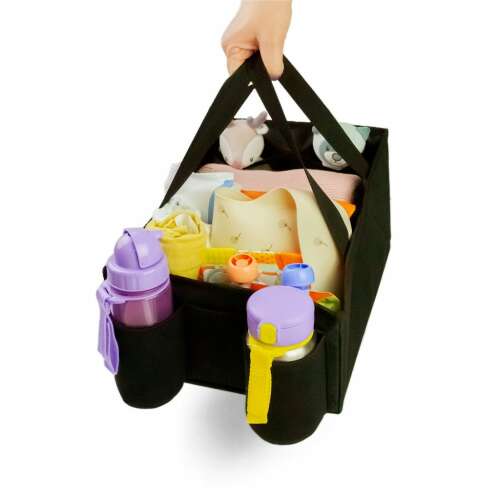 Petite & Mars Tidy car storage box, black, with compartments and bottle holders, filled with baby items