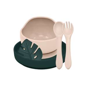 Petite & Mars TAKE&MATCH silicone dinnerware set in Desert Sand and Misty Green, includes bowl, plate, spoon and fork - Children's dinnerware set