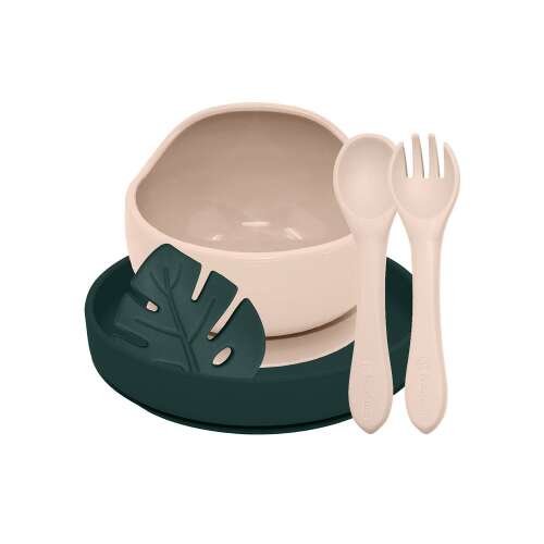 Petite & Mars TAKE&MATCH silicone dinnerware set in Desert Sand and Misty Green, includes bowl, plate, spoon and fork