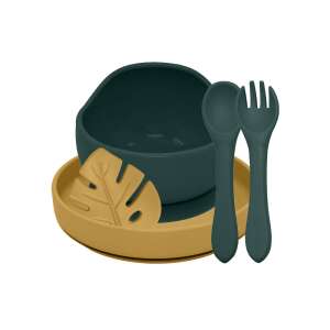 Petite & Mars TAKE&MATCH silicone dinnerware set in Misty Green and Intense Ochre, includes bowl, plate, spoon, and fork, for babies 6 months and up - Children's dinnerware set