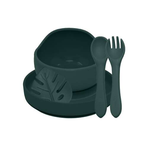 Petite & Mars TAKE&MATCH silicone dinnerware set in Misty Green, 4 pieces, includes bowl, plate, spoon, and fork, for babies 6 months and older