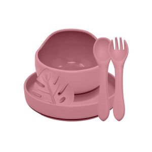Petite & Mars Dusty Rose silicone baby feeding set: bowl, plate, teether, and cutlery - Children's dinnerware set